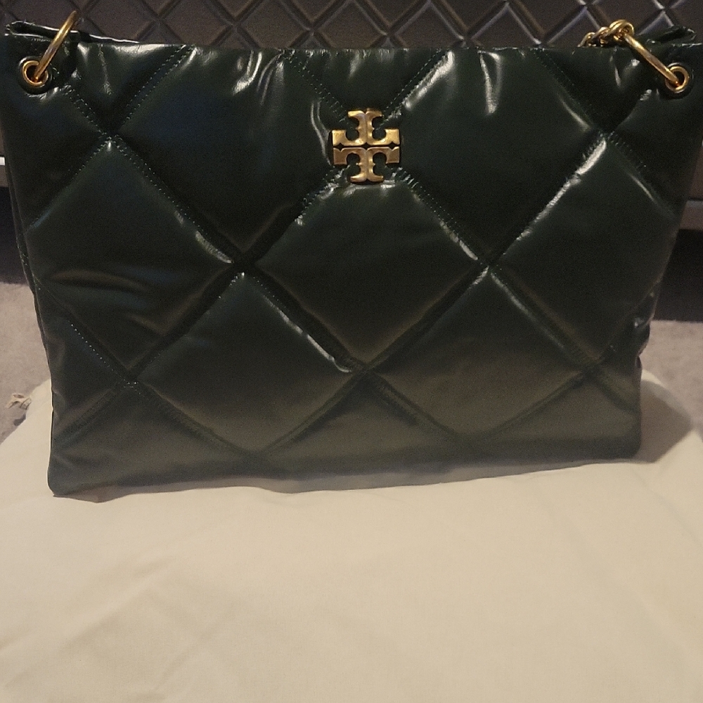 Tory Burch Dark Green Quilted Shoulder Bag with Gold Logo